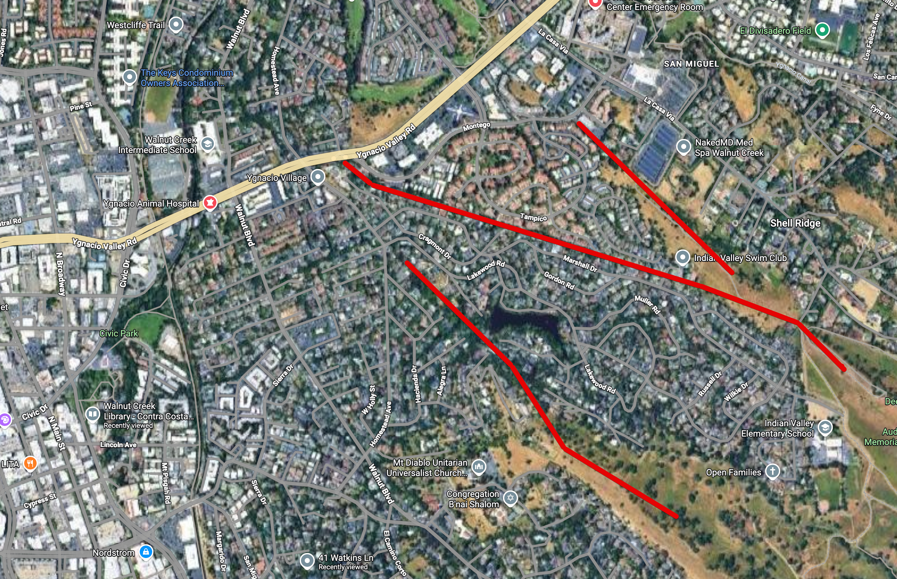 Map of southeast Walnut Creek with red lines indicating