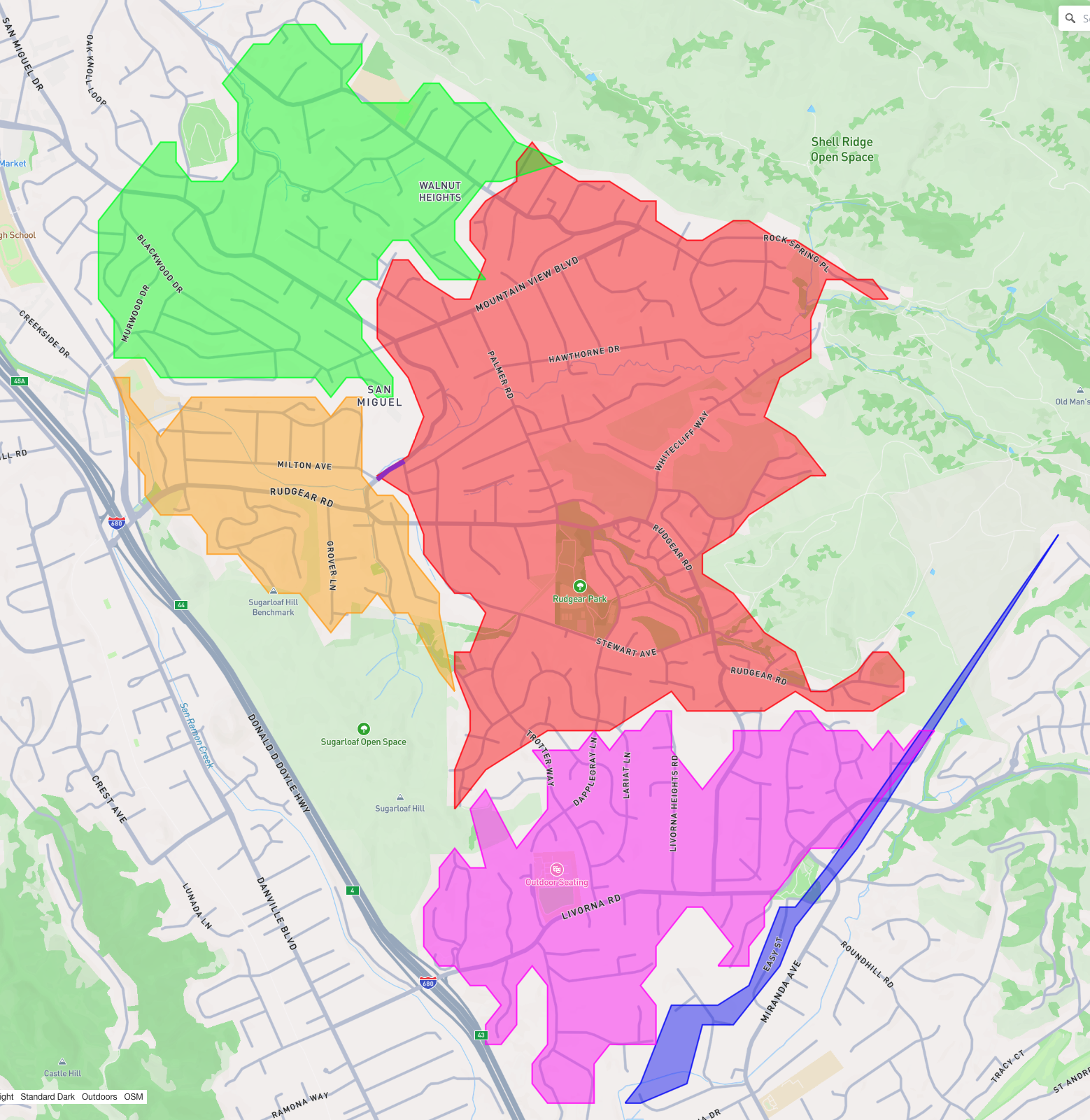 Map of the San Miguel and Walnut Heights neighborhoods with several colored zones; a large red zone covers the homes east of San Miguel Drive that would use the proposed sidewalk