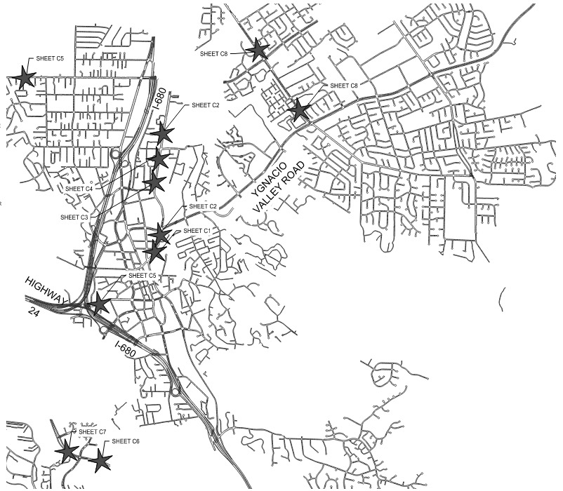 Map showing completed trail crossing improvement locations in Walnut Creek.