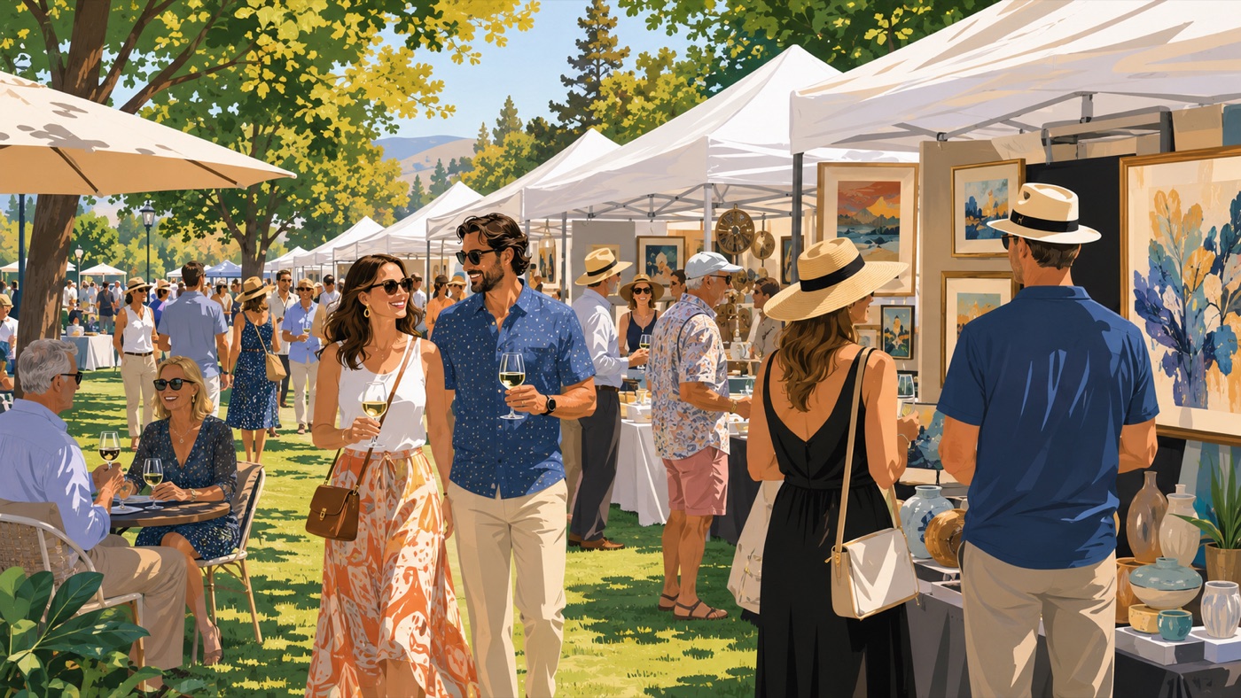 People visiting art booths at an outdoor festival