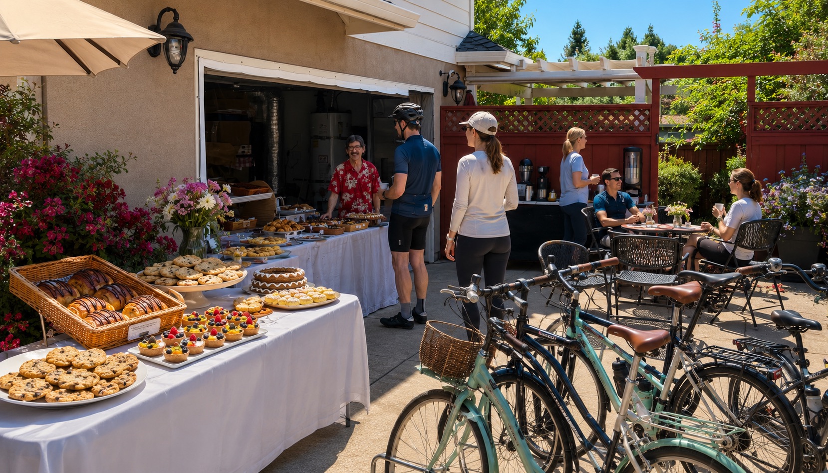 Bikes parked outside a neighborhood bakery with sweets and coffee