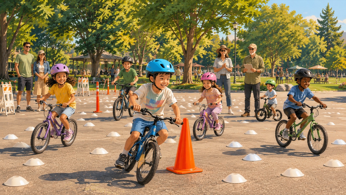 Children riding bikes through an obstacle course at a bike rodeo