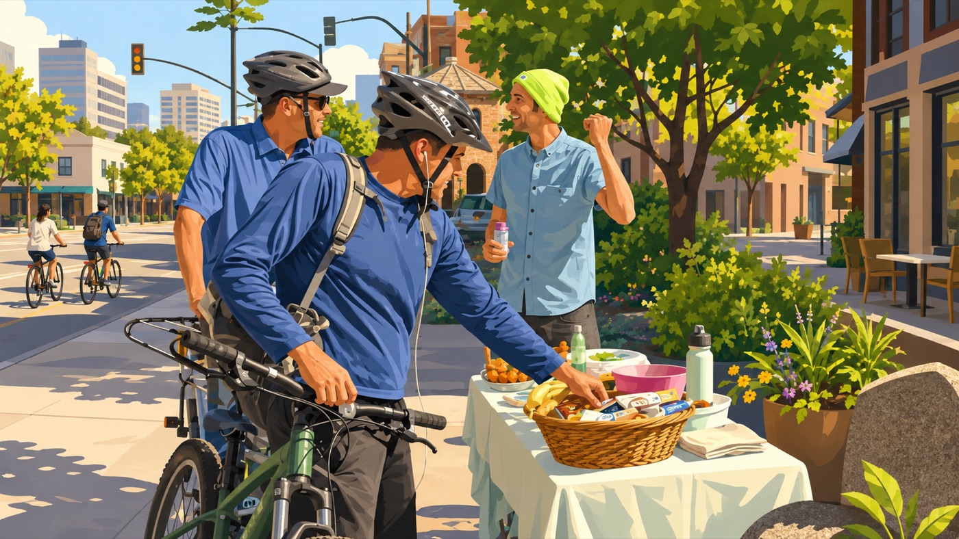 People stopping at a Bike to Wherever Day energizer station
