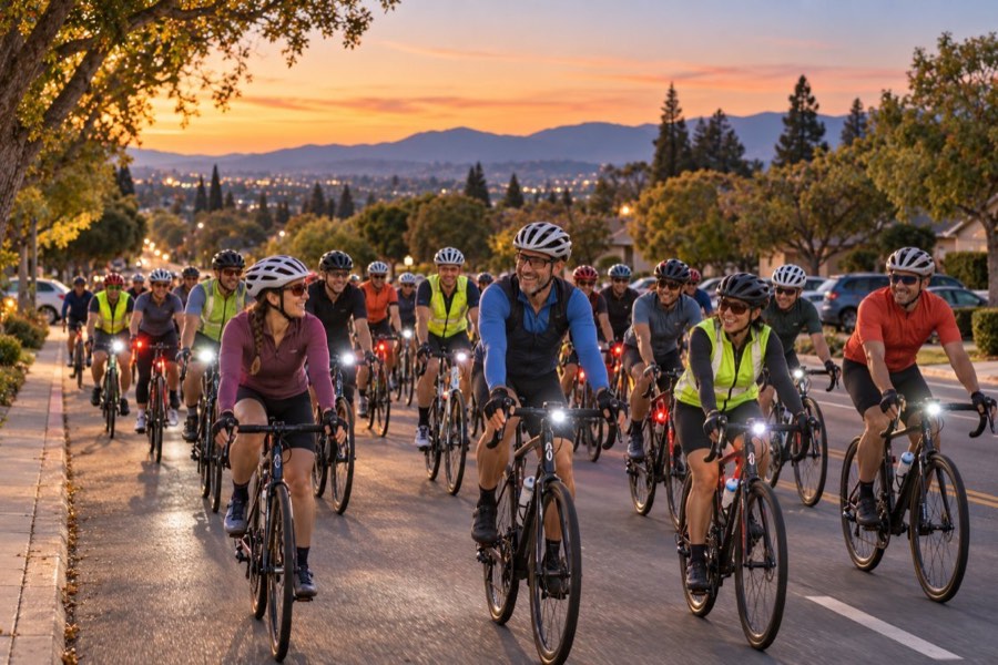 A large group of cyclists riding at dusk with bike lights