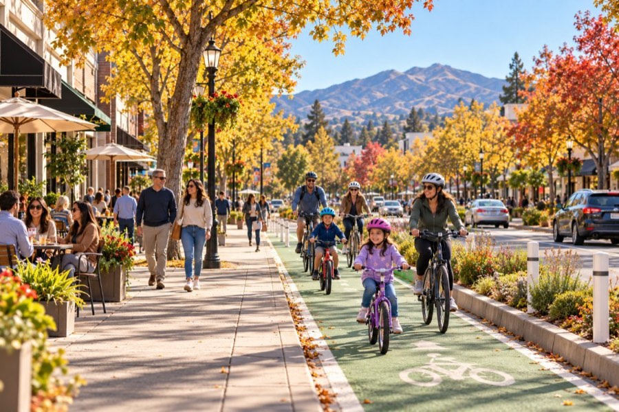A walkable downtown street with a protected bike lane